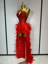 Sparkly Rhinestones Bodysuit Feathers Long Tail Dress Sexy Mesh Transparent Evening Party Celebrate Birthday Dress Stage Outfit